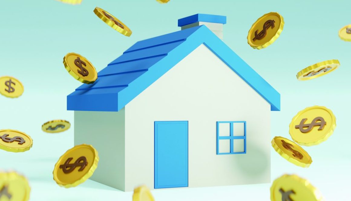 3D of golden coins and house. Savings money or investing to buy
