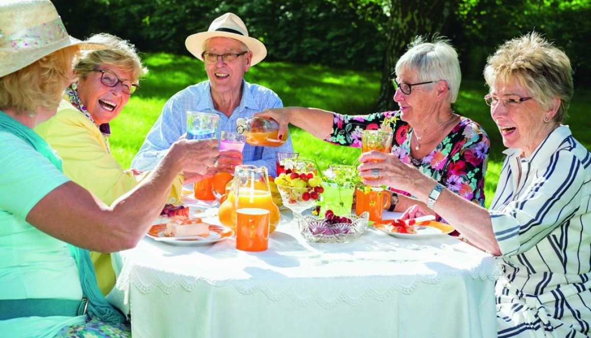 Happy elderly people sitting around the table picnicking.